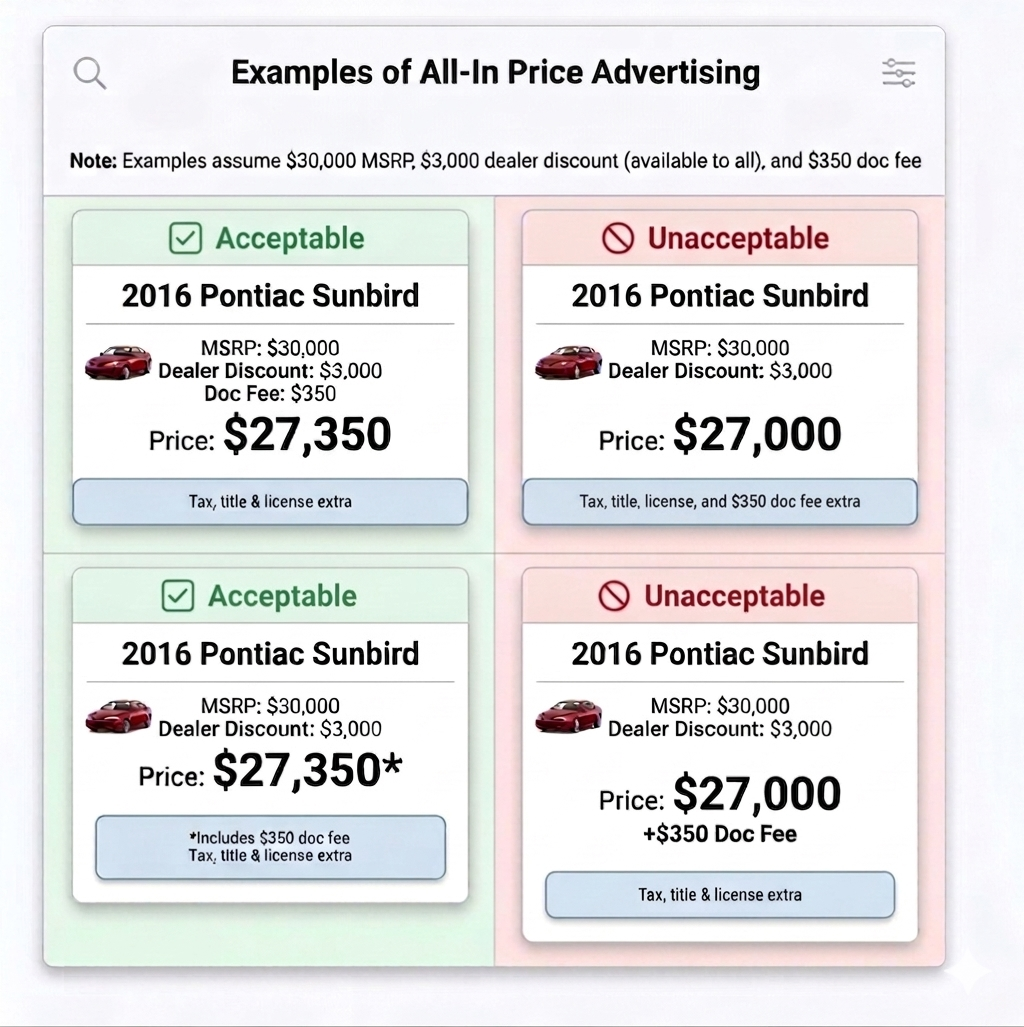 A display of four sample car advertisements. The two on the left feature acceptable pricing structures per the FTC by including the doc fee in the most prominent price. The two on the right feature unacceptable pricing per the FTC by listing the doc fees separately from the most prominent price.